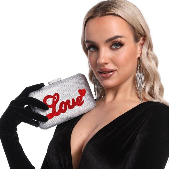 Black Red Luxury Crystal Heart and Love Clutch Rhinestone Mini Evening Bags - Picture 5 of 9